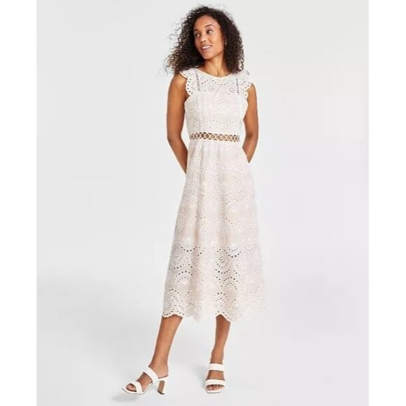 158$ Sam Edelman Women's Eyelet-Embroidered Midi Dress Size Us White